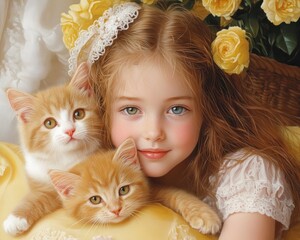 Two kittens tumbling over each other in a playful scene with a young girl, radiating joy and care in a bright and airy home Capturing the innocence of childhood and the heartwarming bond between a