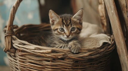 Adorable tabby kitten resting comfortably in a rustic woven basket