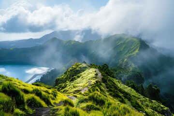 The majestic Mount Olympus towering above a lush landscape with clouds swirling around its peak, A mountain landscape on Ponta Delgada Island, Azores., Scenic mountainous landscape with green forests.