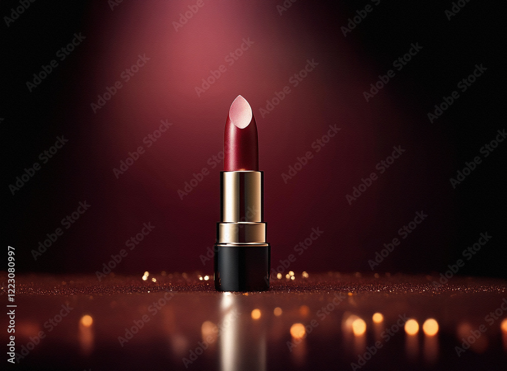 Poster a single tube of dark red lipstick stands upright on a shimmering, dark surface, illuminated by a so