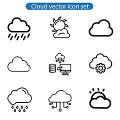 Cloud vector art icon. Set of icons for data storage, download, upload, database, server on white background.
