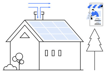 House with solar panels, arrows indicating energy flow, online monitoring screen, tree, bushes. Ideal for sustainability, renewable energy, smart homes, online monitoring eco-friendly living energy