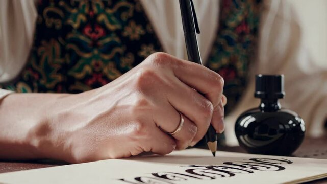Skillful hand lettering and calligraphy demonstration with ink and pen in a cozy workspace