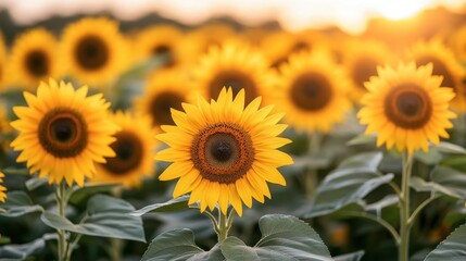 Fototapeta premium A vibrant field filled with blooming sunflowers showcasing their bright yellow petals under the warm sunlight.