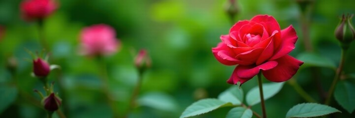 lush green foliage surround blooming red rose, flowers, nature
