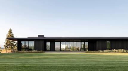 Modern Family Home Architectural Design showcasing expansive windows, sleek dark exterior, and serene landscape setting