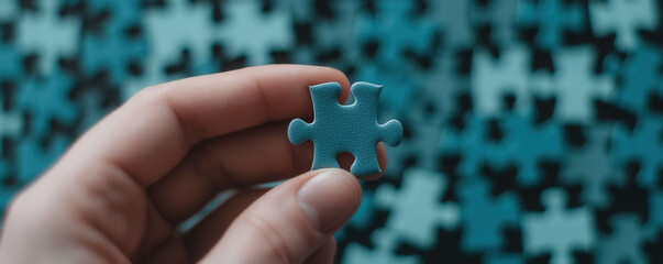 person holding blue puzzle piece with blurred background of more pieces