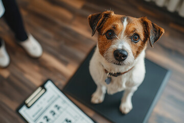 dog sitting on scale at veterinary clinic, showing care and attention