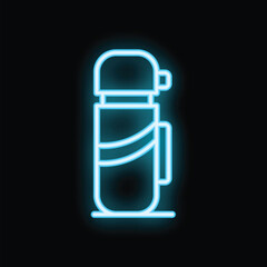 Blue neon sign icon of a thermos flask glowing on a black background