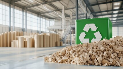 Recycled Paper Plant Green Bin and Shredded Material Illustrating Sustainable Manufacturing and Environmental Responsibility