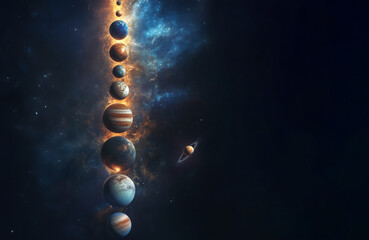 Cosmic alignment of planets including Venus, Mars, Jupiter, Saturn, and others in space.