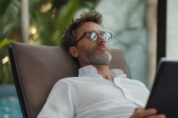 Relaxed Executive Enjoying Leisure Time During Business Trip, Serene Moment of Rest and Rejuvenation in Luxurious Surroundings