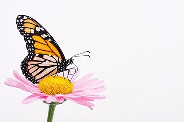 Obraz premium A vibrant monarch butterfly perched delicately on a pink daisy flower against a white background