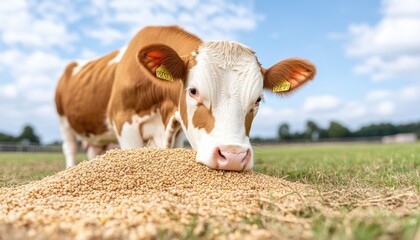 Young cow feeding on grains in a sunny pasture with blue sky and fluffy clouds in the background