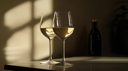 Elegant white wine glasses catch golden sunlight in a cozy setting