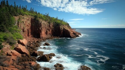 Coastal cliffs with evergreen trees meeting the sea under a blue sky with white clouds