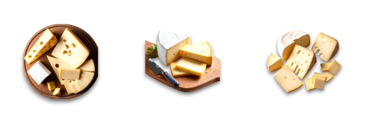Various cheese pieces on isolated transparent background