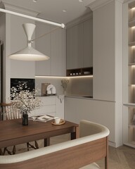 Close-up on elegant decorations on wooden dining table under kitchen view
