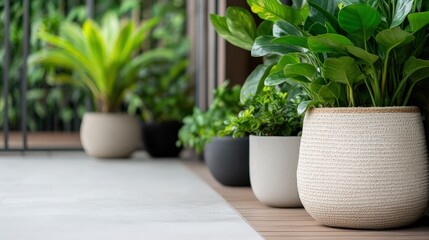 Fototapeta premium Tranquil Home Garden Decor A Realistic Photo of Beautifully Arranged Potted Plants on a Patio