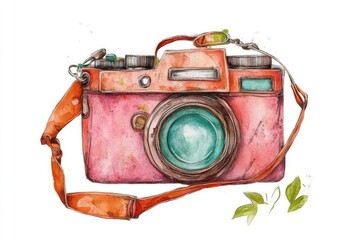 Vintage camera illustration with colorful details, surrounded by green leaves on a white background