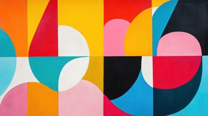 A vibrant abstract artwork featuring geometric shapes and bold colors.