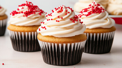 Delicious, freshly baked cupcakes topped with creamy frosting and vibrant sprinkles.