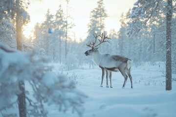 Fototapeta premium Reindeer explore a snowy forest landscape, embodying the spirit of winter and holiday magic