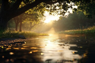 Serene River at Dawn, mist enveloping water, warm golden hues, immersive low angle perspective, tranquil nature scene inviting reflection