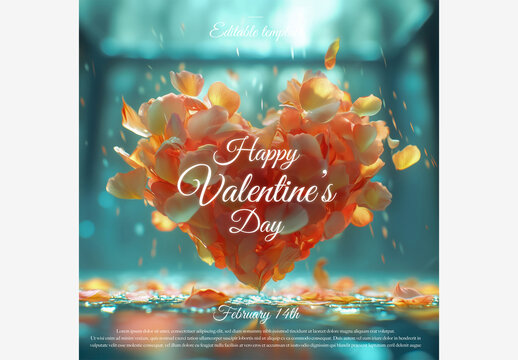 Create a Stunning Happy Valentine's Day Card with Rose Petals Heart on Blue Background: Perfect Template for Your Message Valentine's Day Template