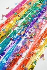 Rainbow-colored confetti pieces paired with bold, glossy streamers laid out artistically on a white surface