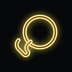 Glowing neon sign showing a hook hanging on blank circular frame on a black background