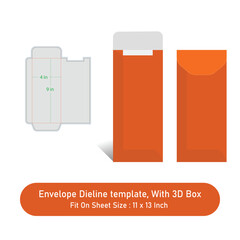 Envelope Size 4 x 9 in, Dieline template, And 3D Box