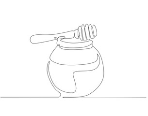 Continuous one line drawing of honey jar. One line drawing illustration of honey glass jar. Sweet pure honey concept single line. Editable outline