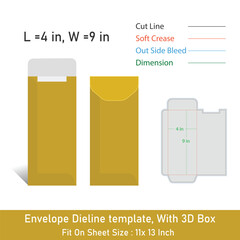 Envelope Size 4 x 9 in, Dieline template, With 3D Box, vector file