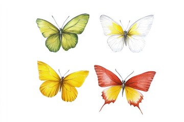 Colorful illustrations of four distinct butterfly species showcasing vibrant wings and details