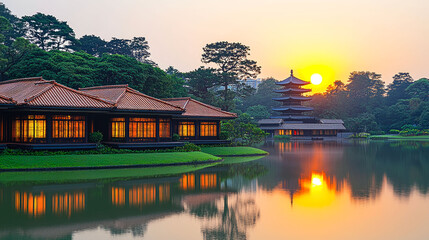 Fototapeta premium Sunset Serenity: Pagoda and Lake House at Golden Hour