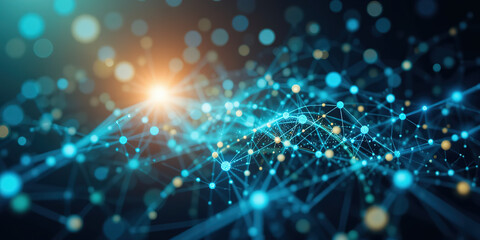 Fototapeta premium Abstract digital network background banner with glowing light and connecting data dots in blue and green colors. Big data technology concept, 8k