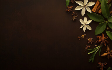 Naklejka premium Cooking surface with herbs and spices. Top view with copy space