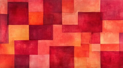 A vibrant abstract artwork featuring overlapping squares in shades of red and orange.
