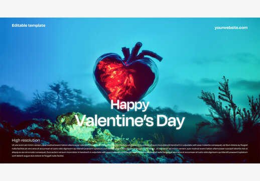 Celebrate Love with a Heart Shaped Balloon: Happy Valentine's Day Message on a Blue Background with Trees and Bushes Template Valentine's Day Template