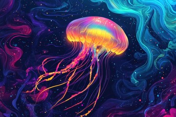 Naklejka premium Vibrant Jellyfish Floating in a Cosmic Dreamlike Ocean Scene
