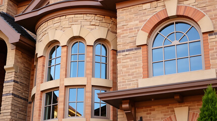 Luxury Home Exterior: Classic Brick and Stone Architecture with Elegant Arch Windows