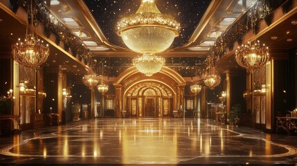 Obraz premium Luxurious grand ballroom with glittering chandeliers and ornate gold detailing