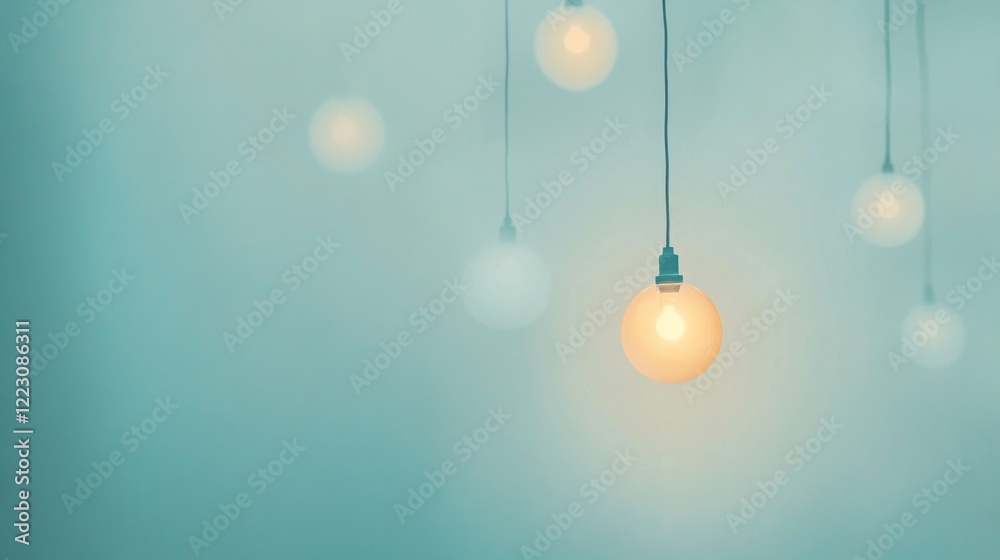 Poster hanging light bulbs gently illuminate a calm light blue backdrop, creating a peaceful ambiance. this