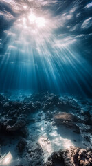 Fototapeta premium Underwater blue ocean with sunlight and undersea scene