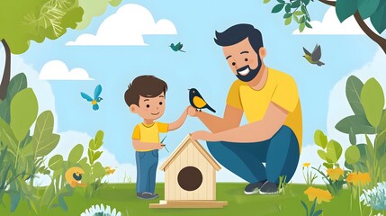 Father and son building a birdhouse, smiling together in a vibrant garden, enjoying quality time outdoors, playful atmosphere.