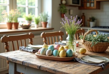 Easter table setting. A rustic wooden table set with colorful Easter eggs, flowers, and a wicker basket in a cozy kitchen.