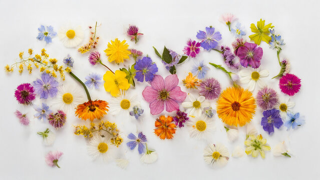 Flores secas diversas coloridas dispersas sobre fondo blanco