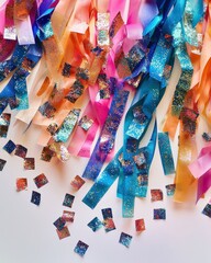 Fototapeta premium Shiny streamers and bold, glittery confetti pieces bursting outwards on a clean white background