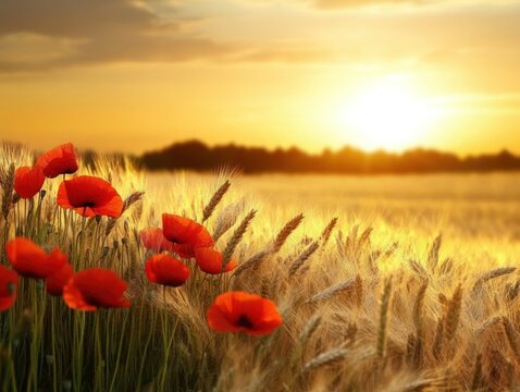 Golden sunset over a field of poppies and wheat creating a warm serene scenery